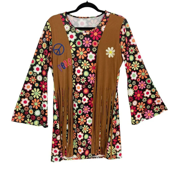 Hippie Mini-Dress, Size M, 70's Flower Power Fringe Halloween Costume Faux Suede - Picture 1 of 9